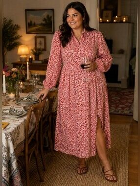 Boden Pleated Skirt Midi Shirt Dress in Red & White Floral Women's US 16-18 NWT